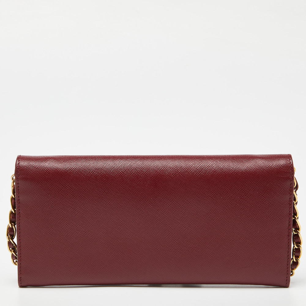 PRADA Dark Red Saffiano Metal Leather Wallet On Chain - Picture 4 of 8